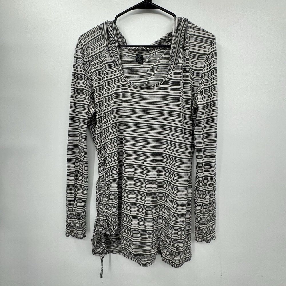 prAna Large Striped‎ Hooded Tunic Top Womens Black White Long Sleeve Ruched Side